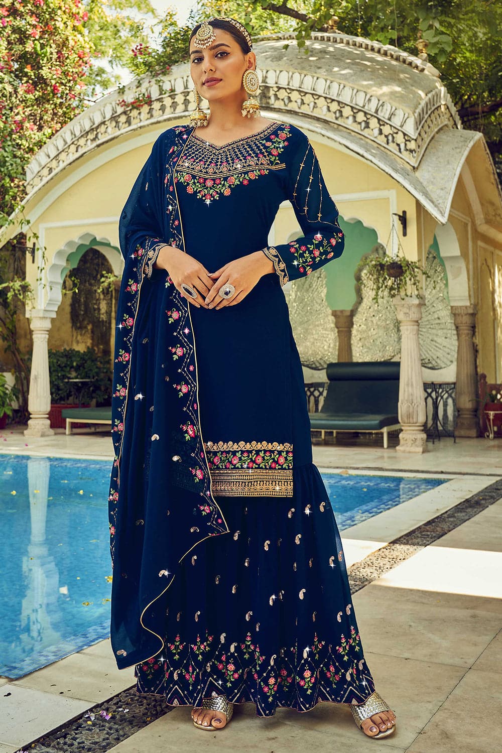 Exclusive Royal Blue Georgette Embroidery Work Sharara Suit
