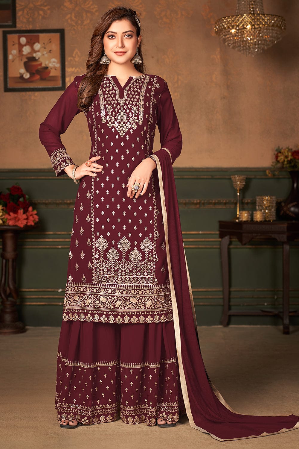 maroon sharara suit