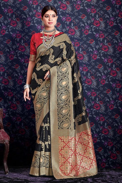 Pure Banarasi Satin Silk Black Handloom Saree Online Best Price – Sunasa