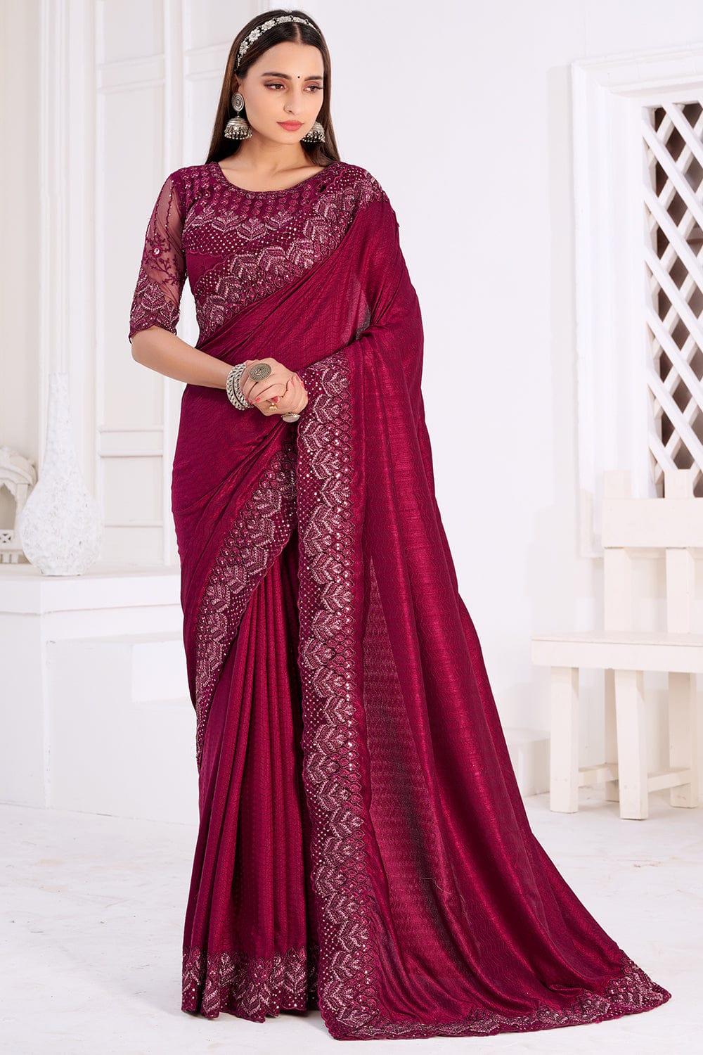 maroon silk saree