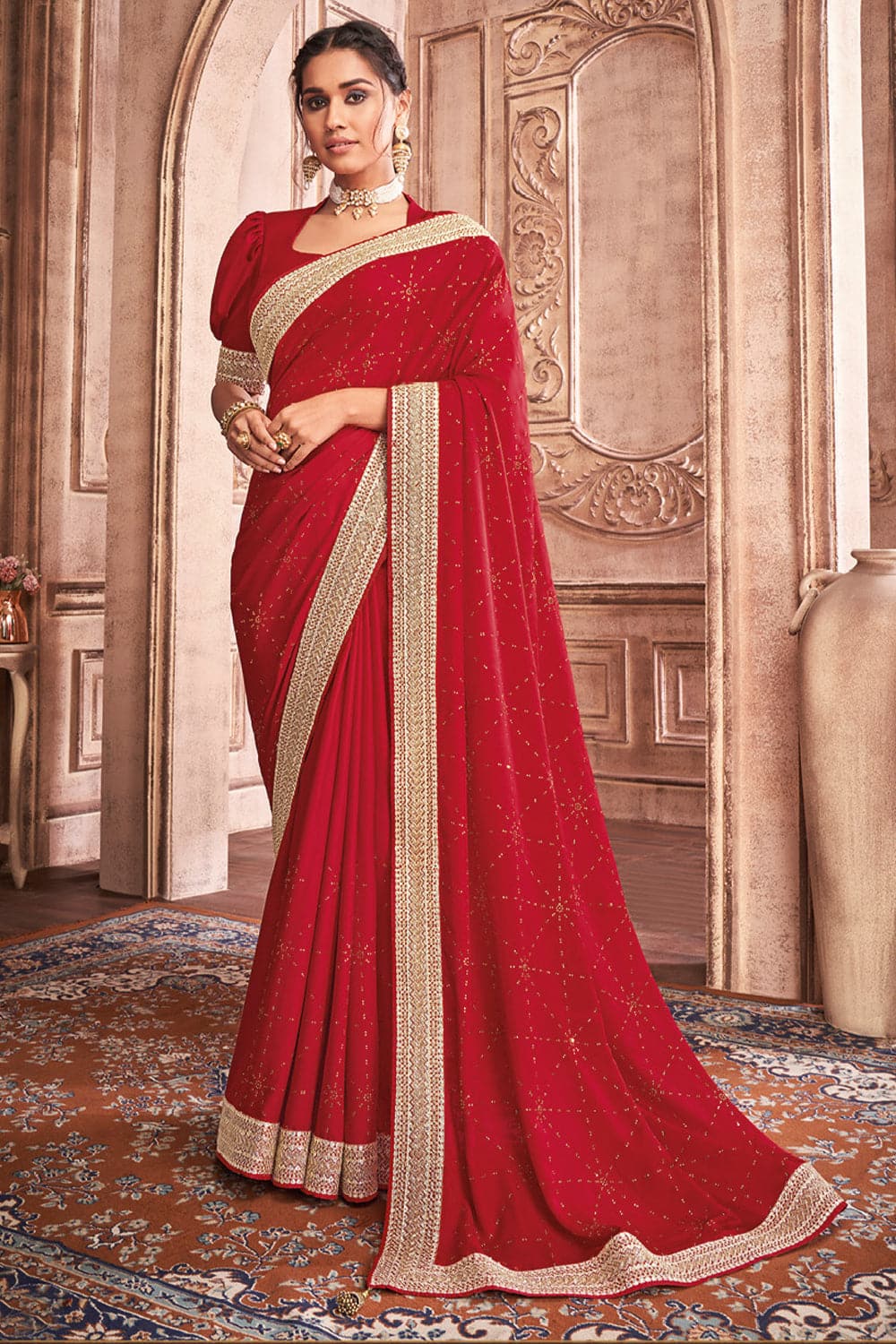 Cherry red satin saree – D tales