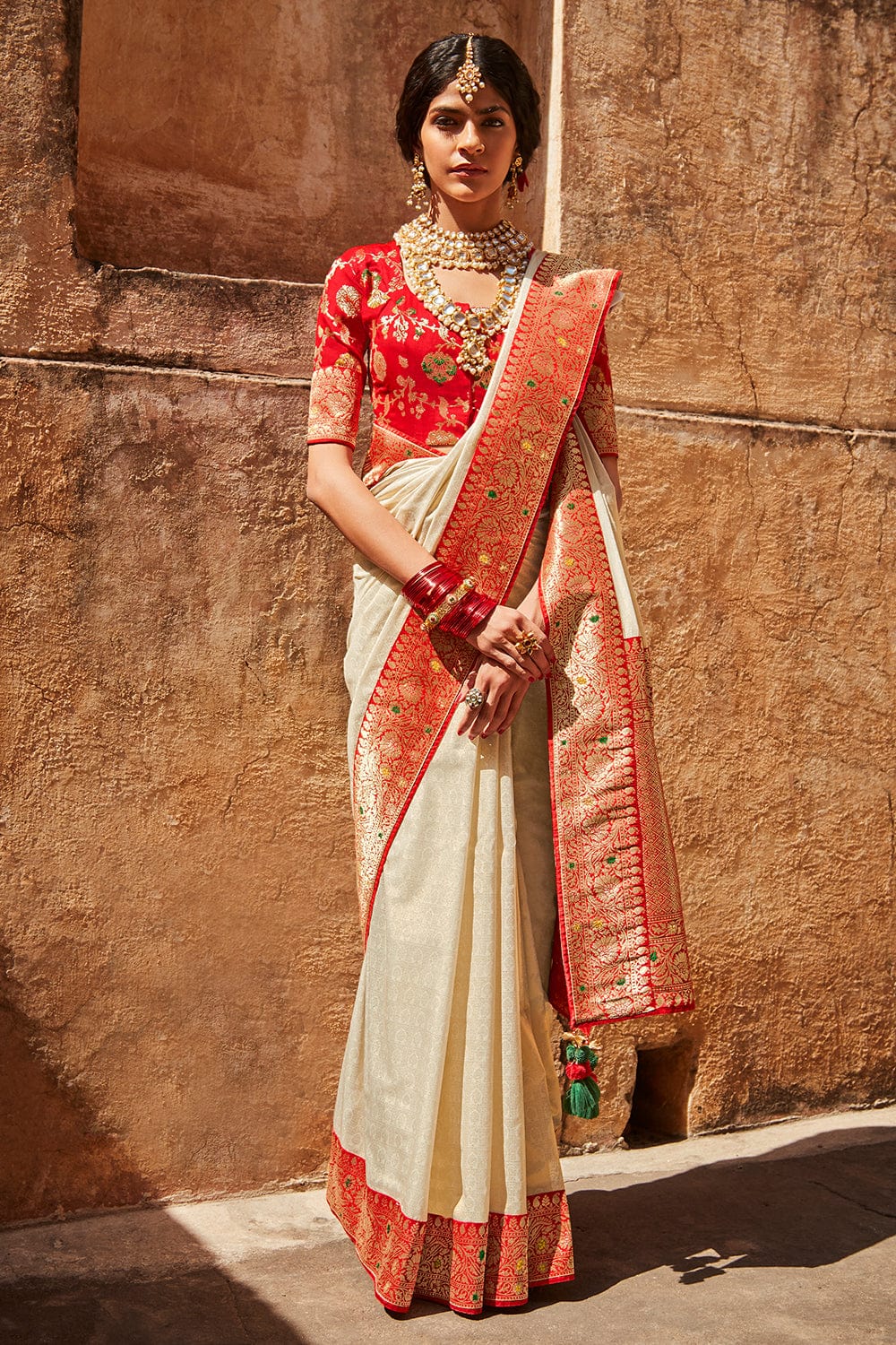 Cream Paithani Silk Jacquard TrendOye Saree With Red Blouse Fabric