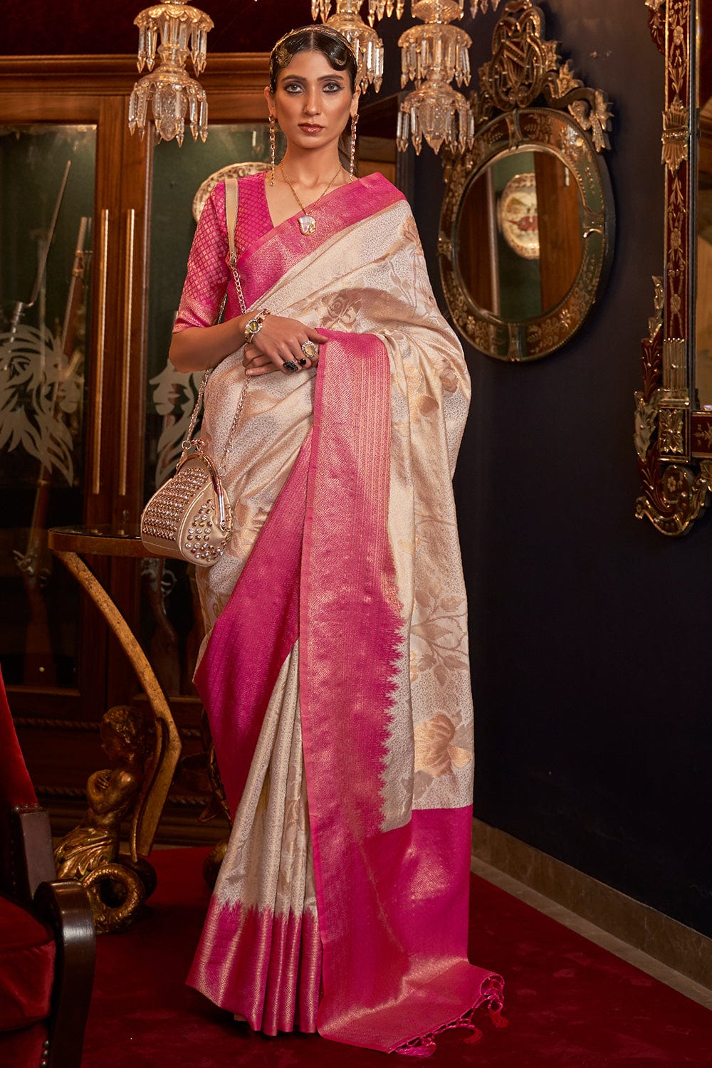 Silk Saree with blouse in Cream colour 6102