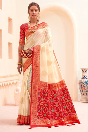 Charming Cream Cotton Half & Half Saree with Strip Combination Highlig –  Sujatra