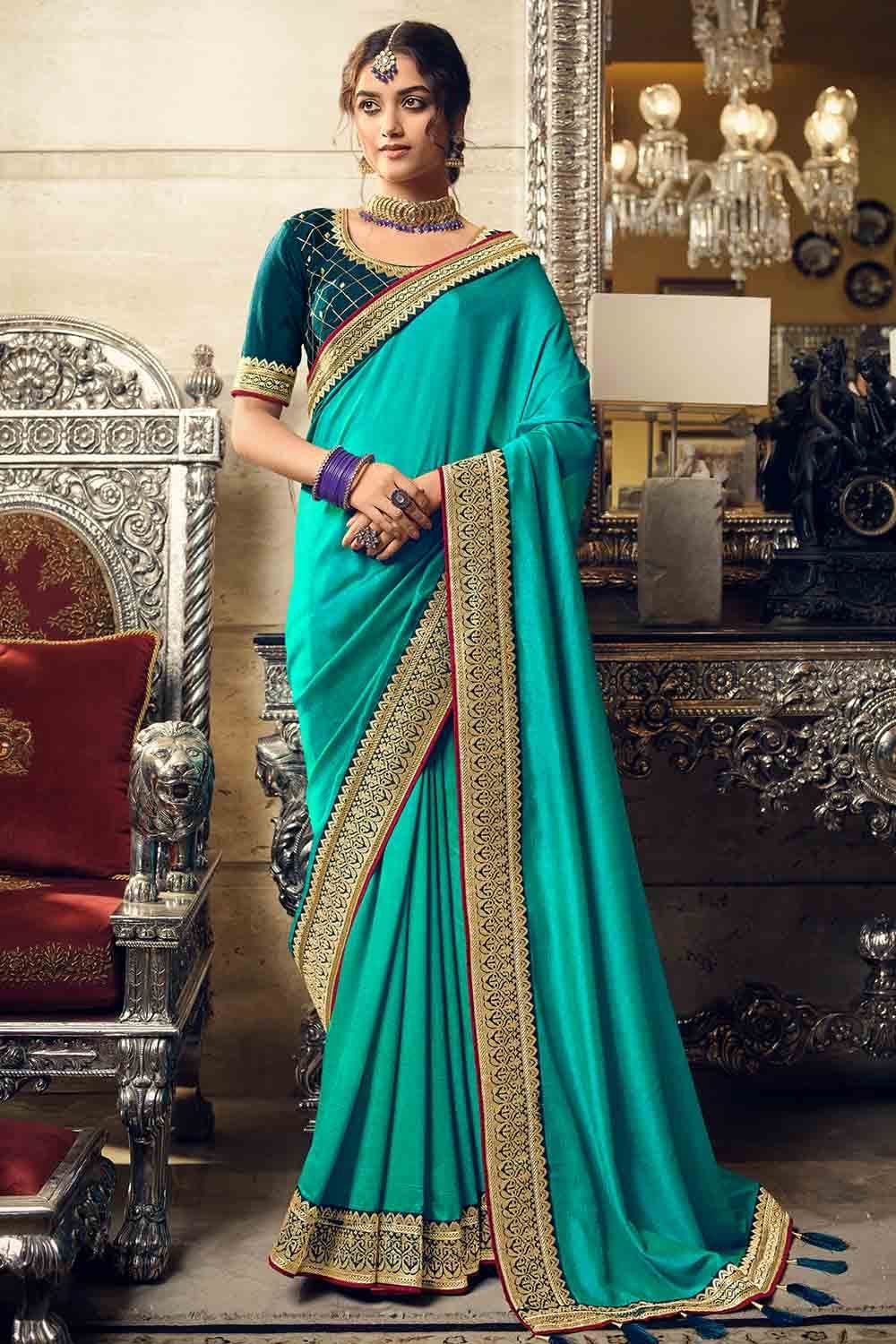 Authentic Looking Semi Cotton Mulmul Cyan Color Saree with Blouse