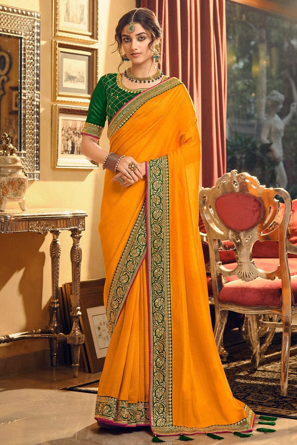 Orange Tissue Kanjivaram Silk Saree With Floral Pattern | Singhania's
