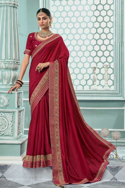 Dark maroon plain pure satin saree with blouse - Teeya Creation - 4103727