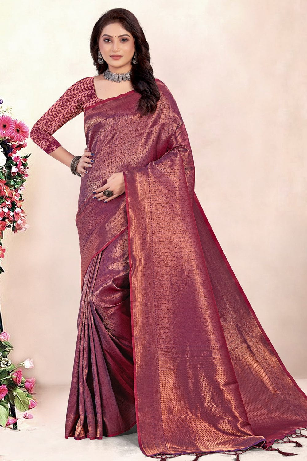 Traditional Onion Peel Paithani Silk Saree With Mauve Border