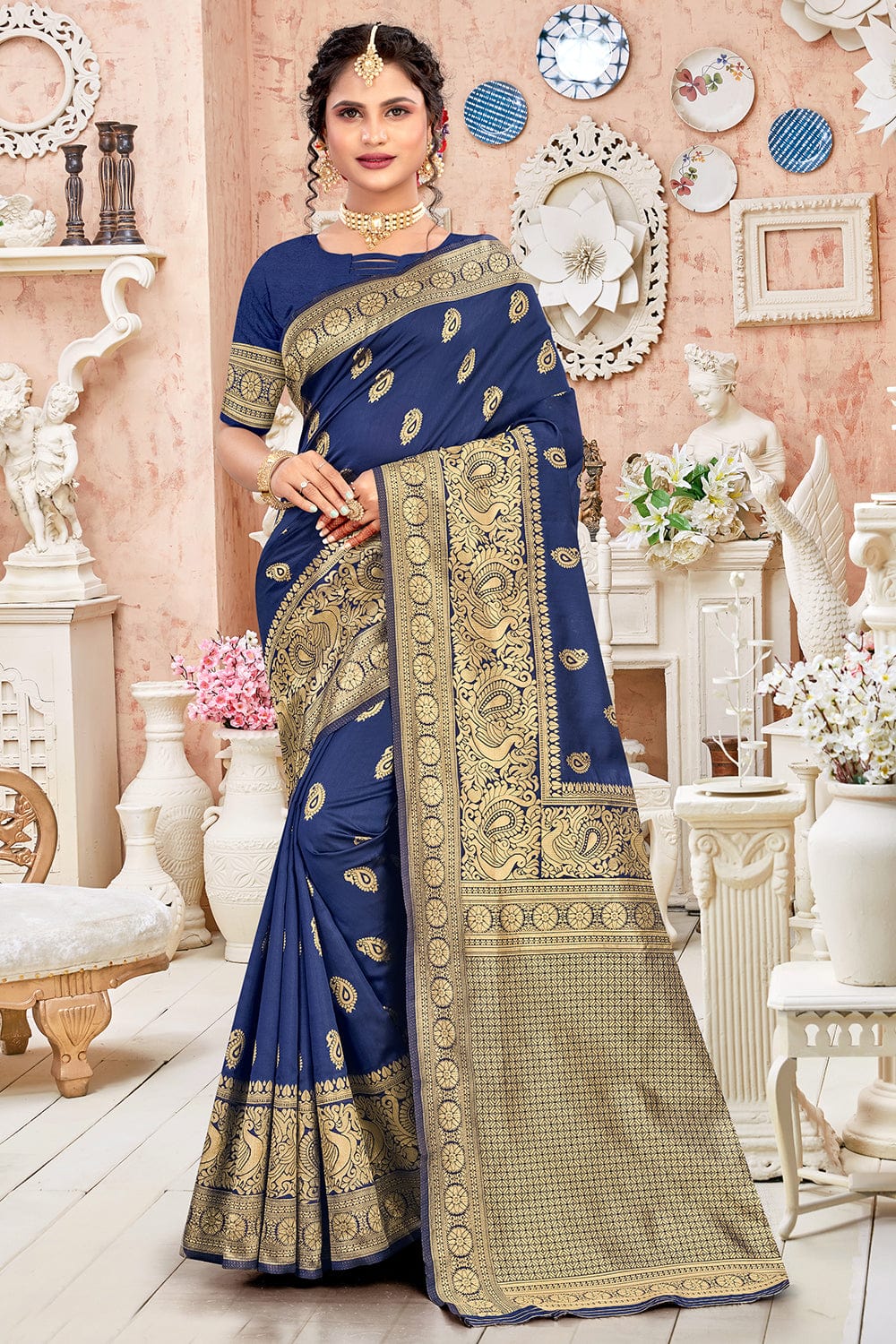 navy blue embroidered satin saree With Blouse - Vishwa Silk Mills - 1284286  | Party wear sarees, Indian bridal sarees, Party wear dresses