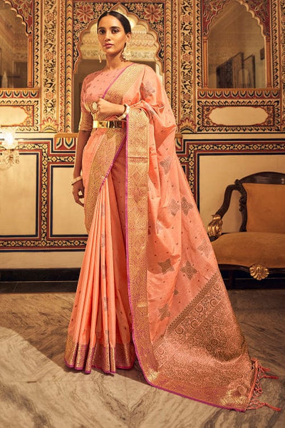 Buy BANARASI PATOLA Peach And Antique Zari Weaved Cotton Silk Saree With  Traditional Zari Mughal Buta And Border Pattern With Blouse Piece |  Shoppers Stop