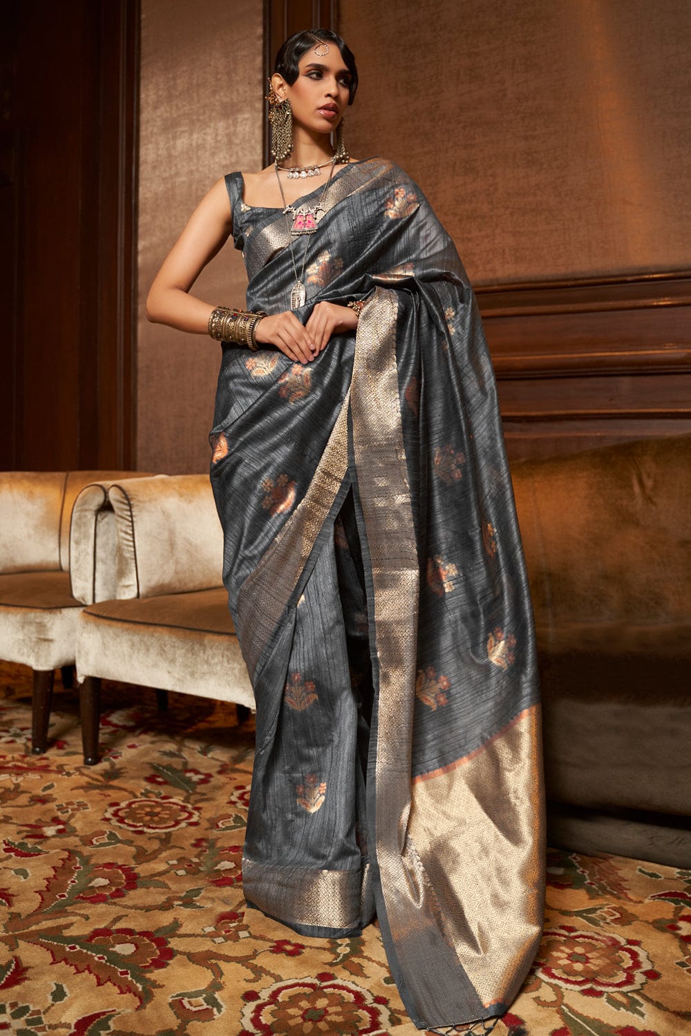 Grey woven kanchipuram silk saree with blouse - Samvegi Creation - 4115660