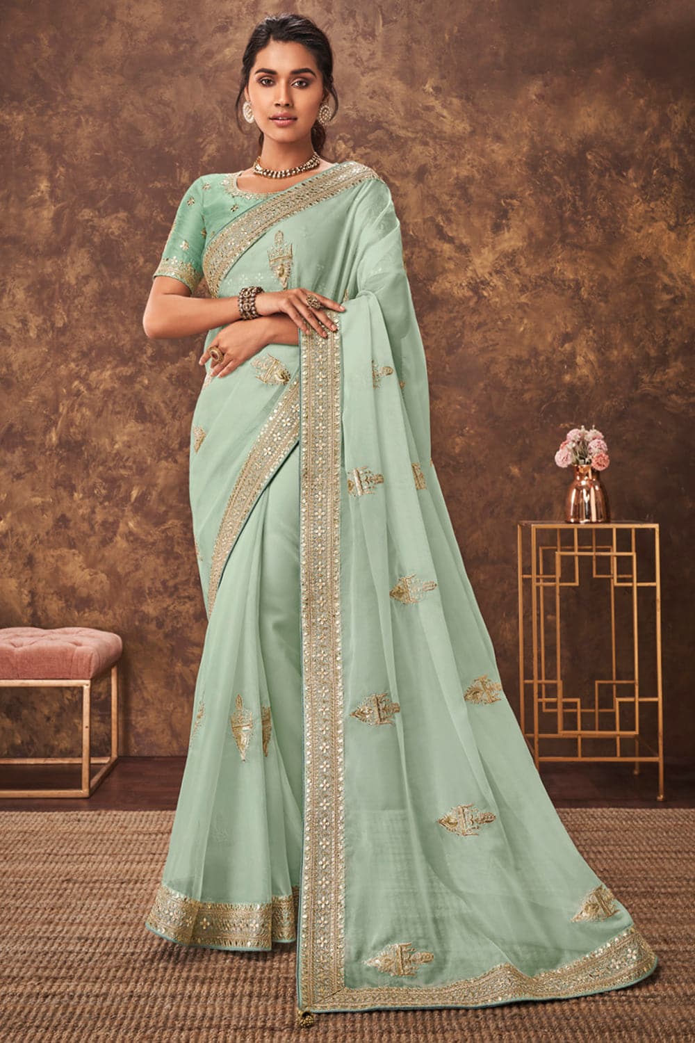 Sea Green Embroidered Linen Saree | Linen World