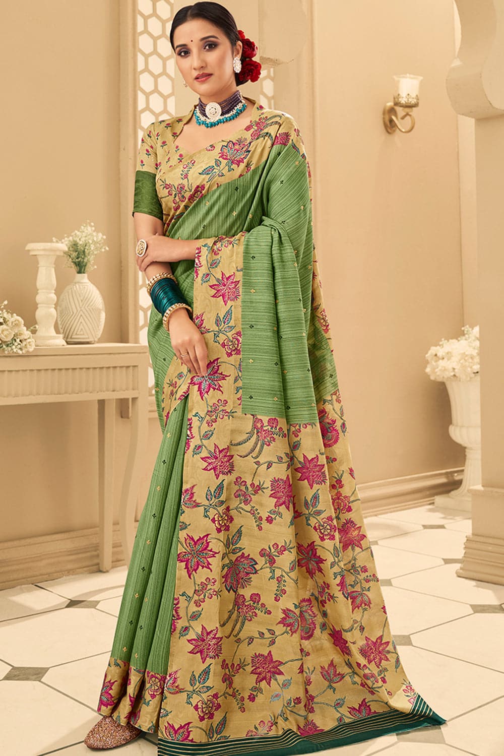 green silk saree