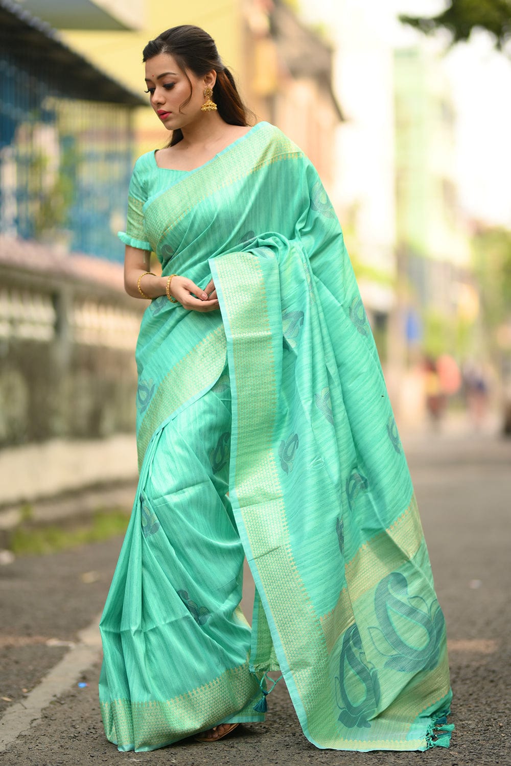 Sea green Saree with Plain Silk - SR25266