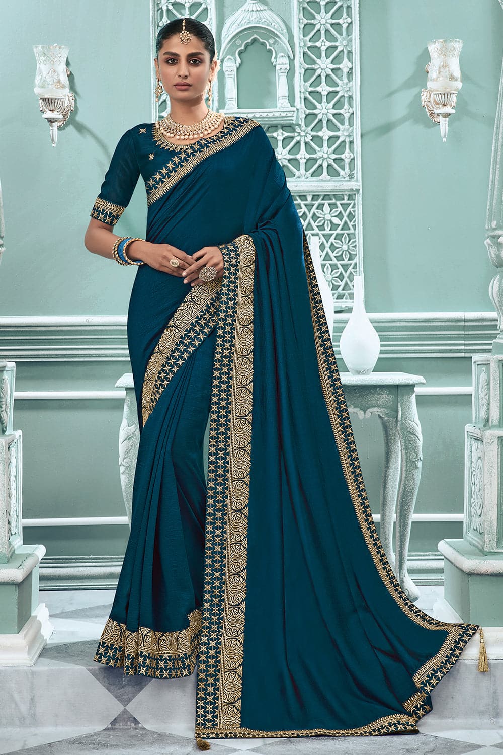 Buy Teal Blue Georgette Saree online-Karagiri