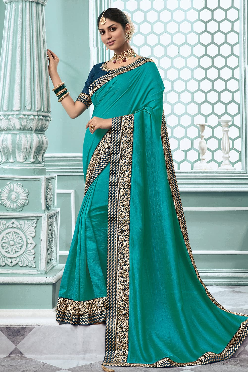 Turquoise Blue Chiffon Printed Saree – Leemboodi