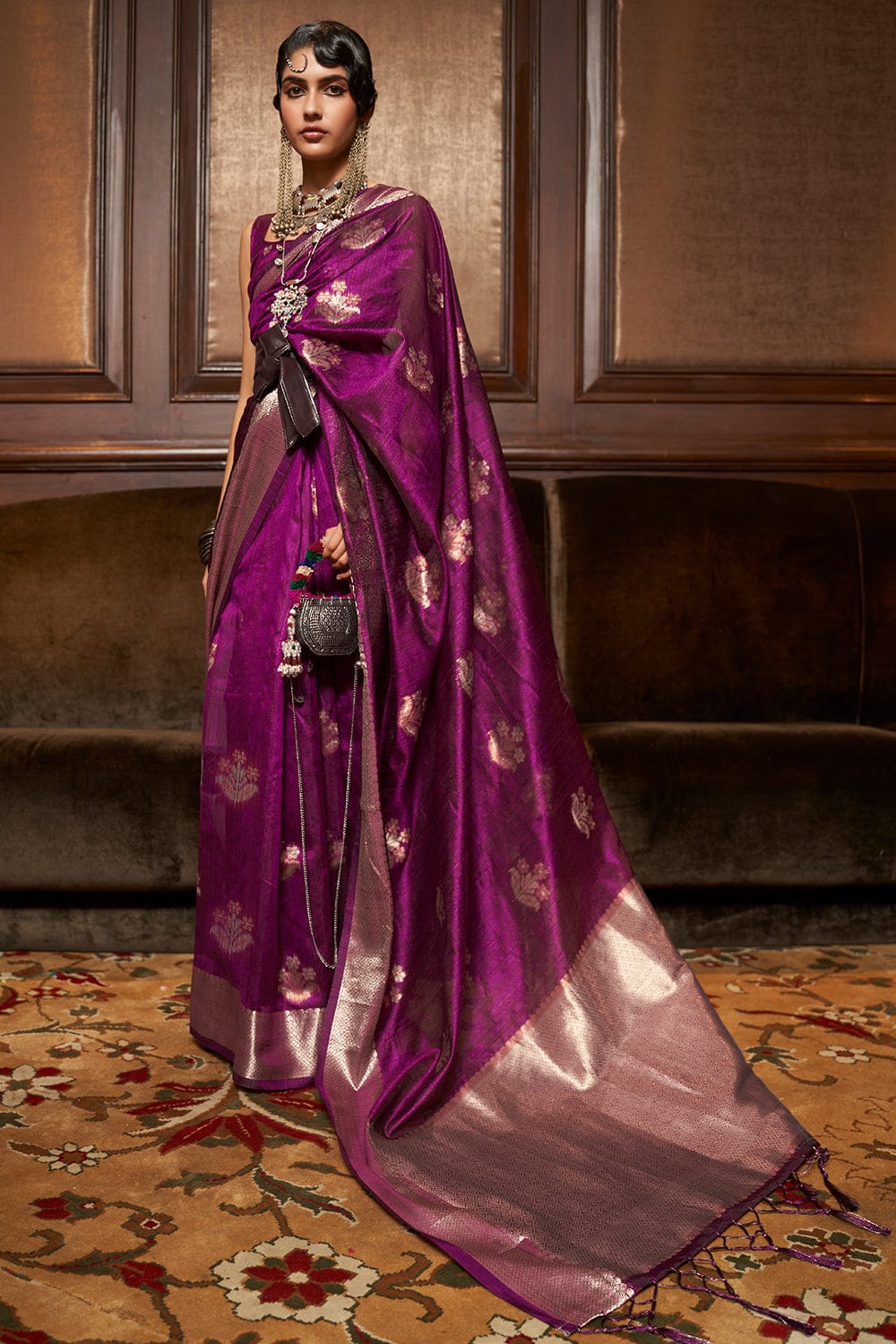 Saree : Purple net designer embroidered wedding saree