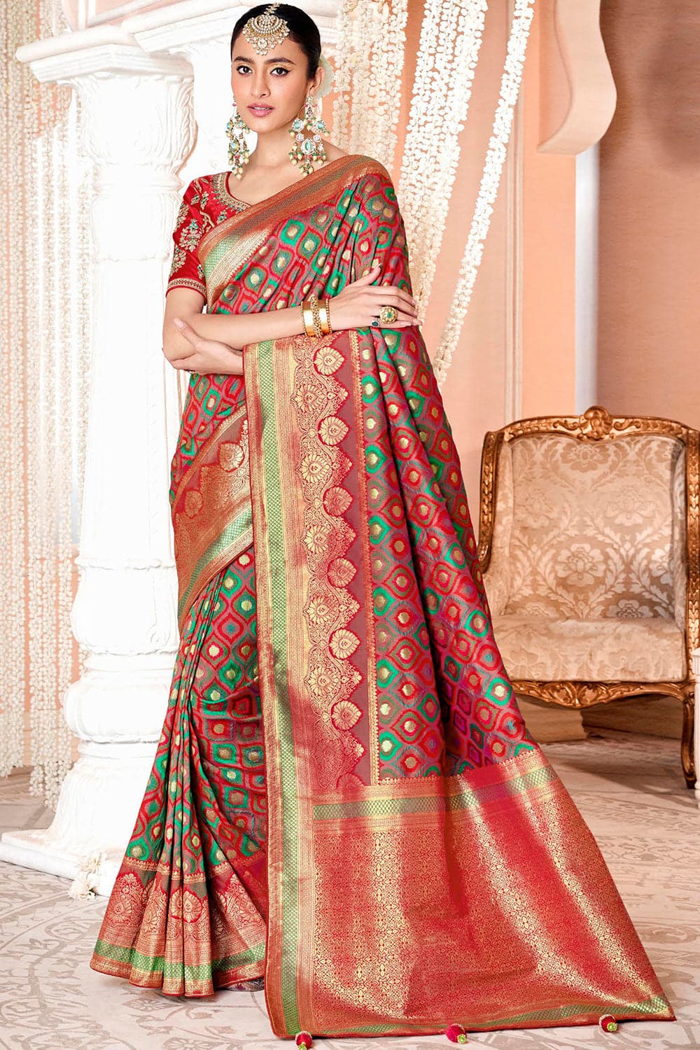 Buy Vivid Red Green Silk Saree online-Karagiri – Karagiri Global