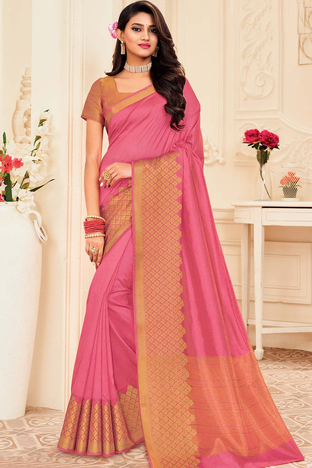 pink silk saree