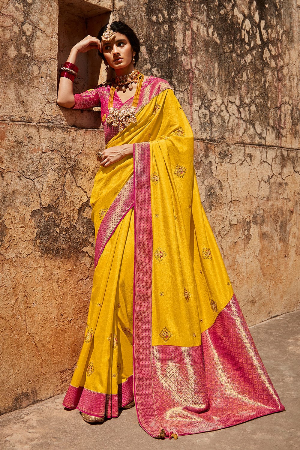 Traditional Yellow Soft Banarasi Lichi Silk Designer Saree – Cygnus Fashion