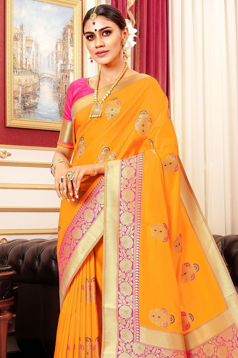 Kanchipuram Pure Silk Saree in Yellow : SBRA2572