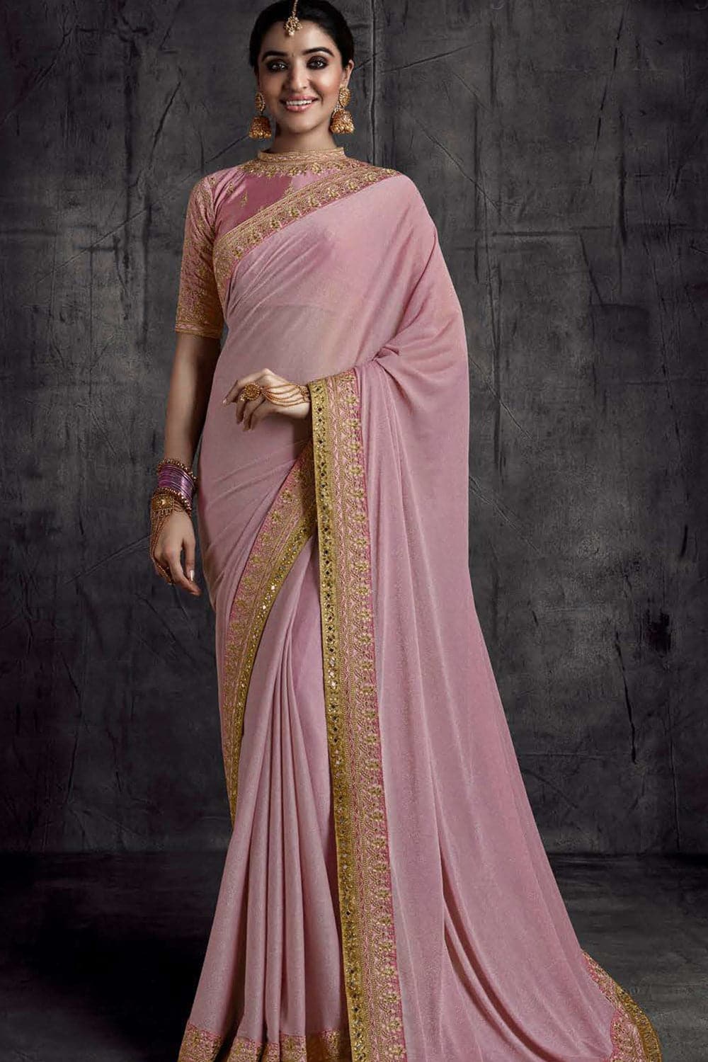 Pink Colour Chanderi Saree with Mehendi Green Border – Snusha