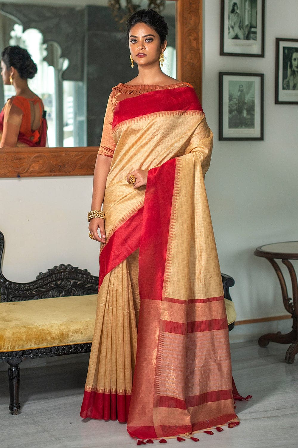 Striking Beige and Red Colored Designer Saree, Bollywood Saree latest  collections | Bollywood Sarees