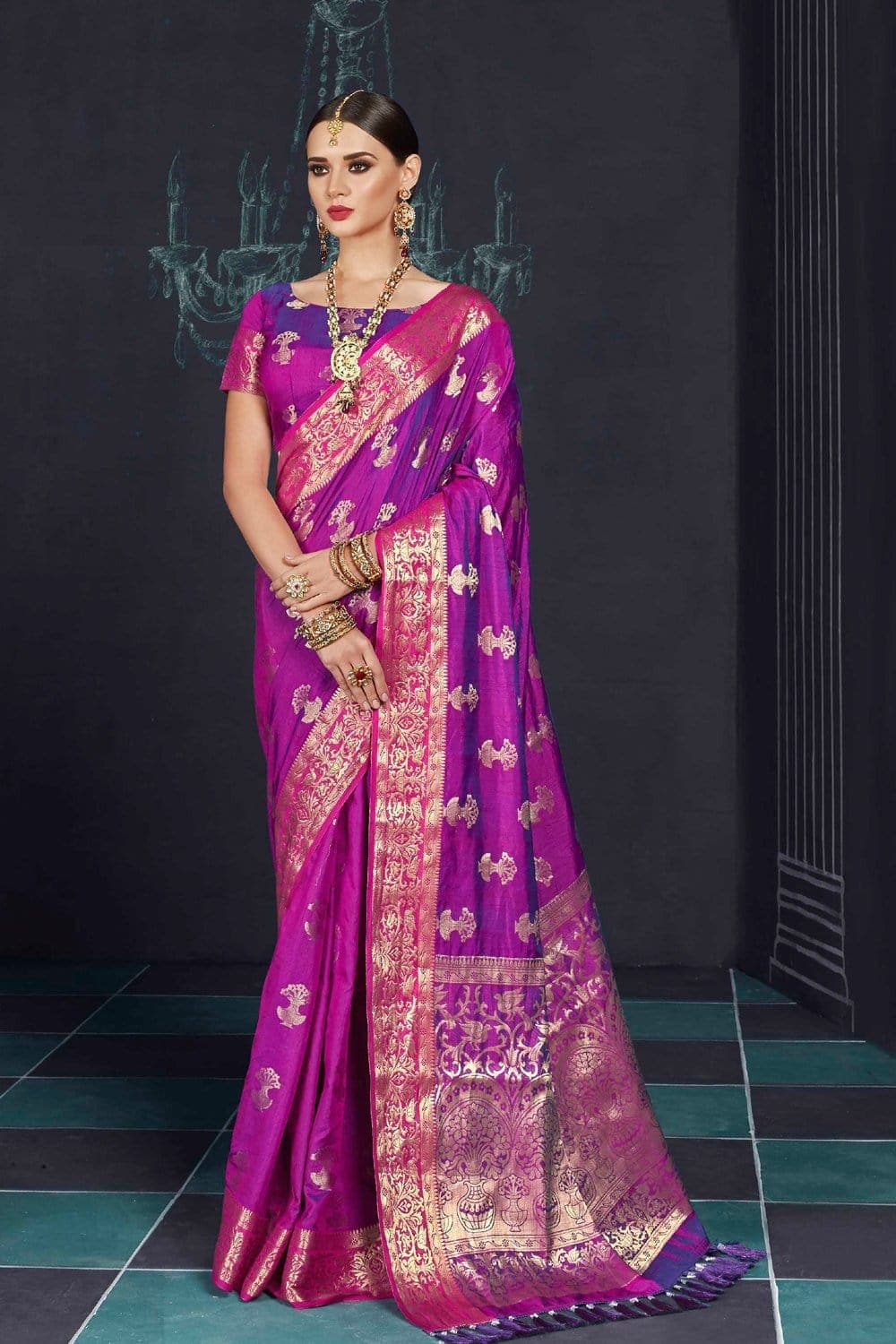 South Silk Saree Bright Purple South Silk Saree With Monochrome Blouse saree online