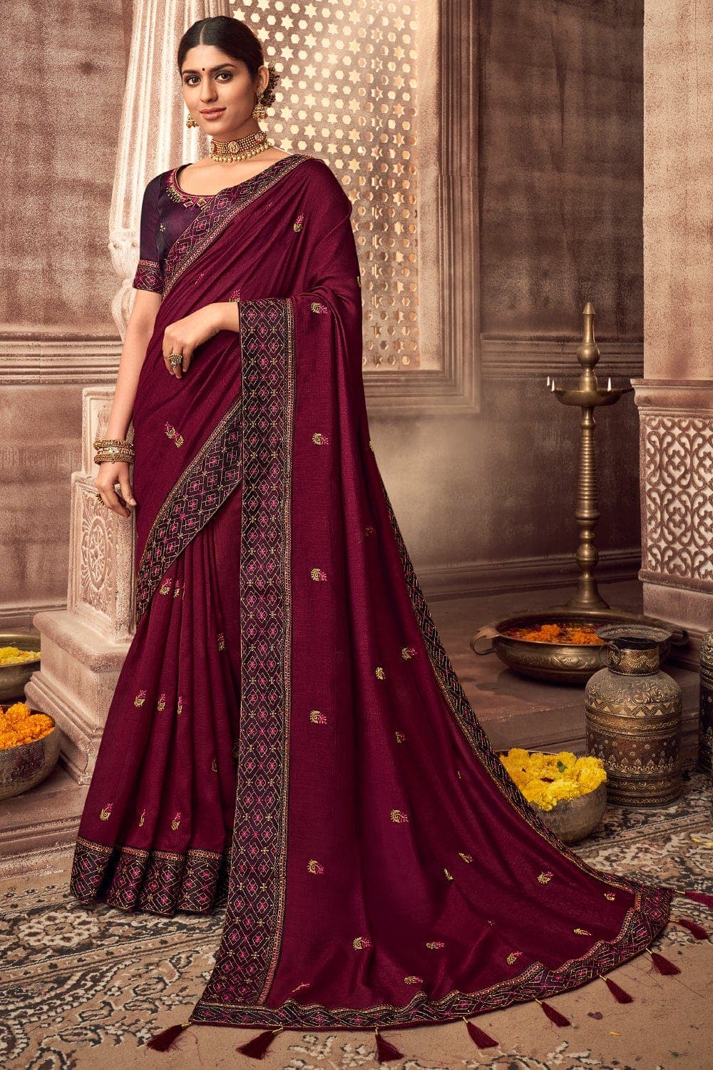 Wedding Wear Wine Maroon Chiffon Saree With Stone SARV160931