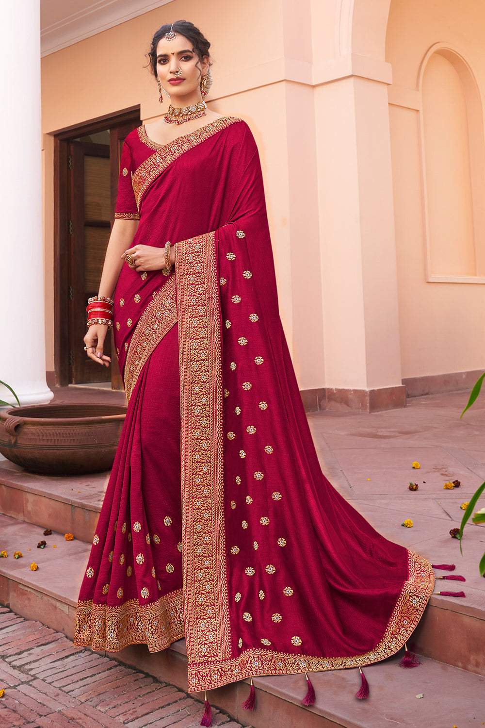 Shop Maroon Crepe All-Over Stone Embellished Saree Sarees Online at Soch  India