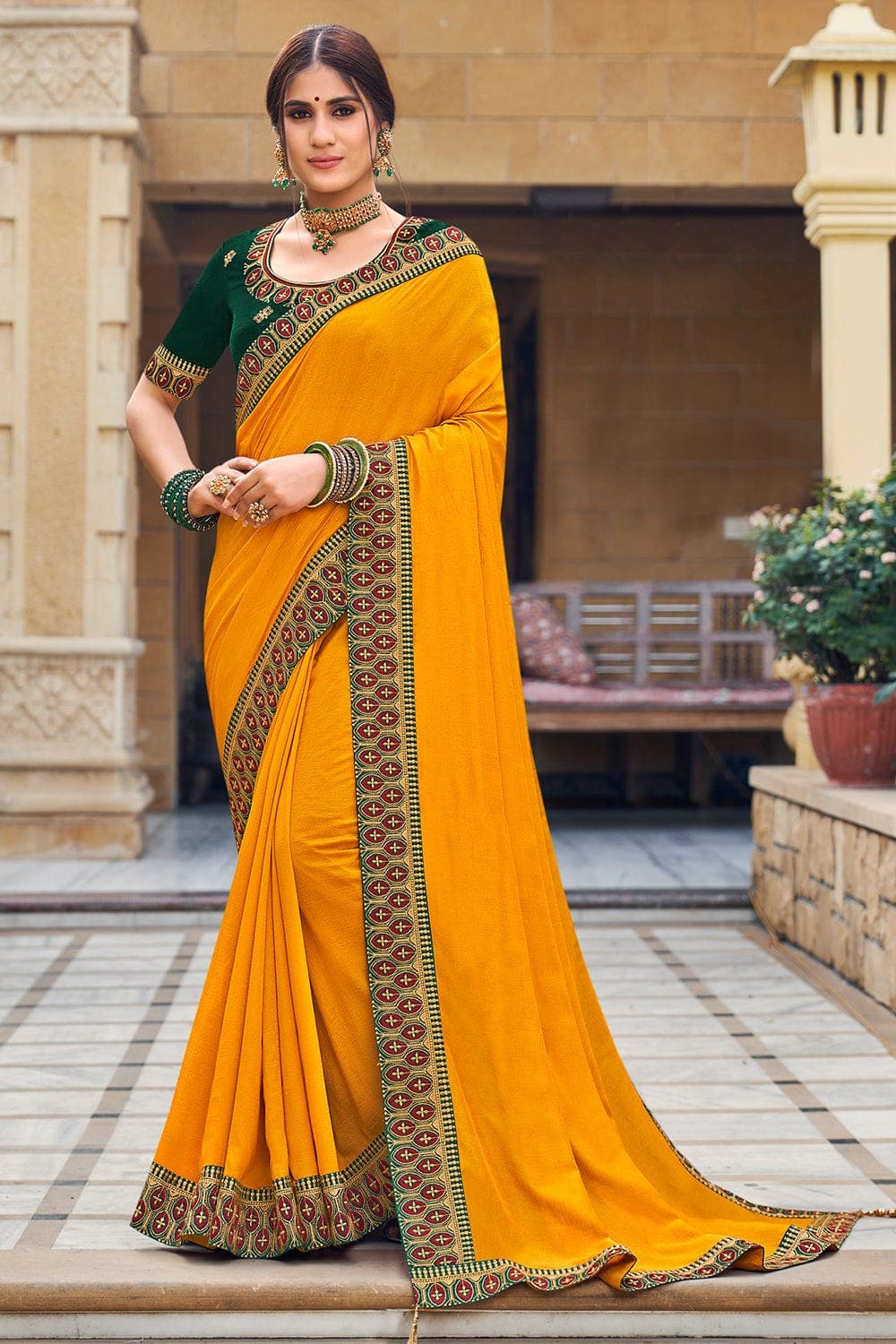 Buy/Send Fancy Yellow Chiffon Saree Online- FNP