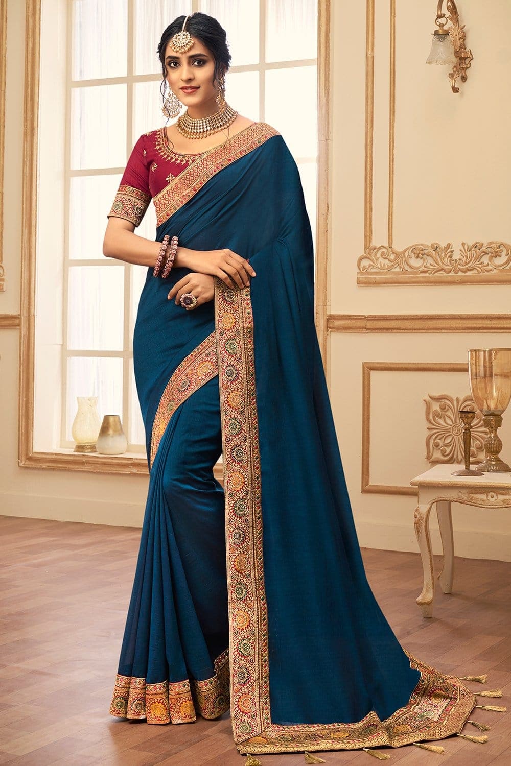 Buy KARAGIRI Cobalt Blue Cotton Silk Saree at Amazon.in