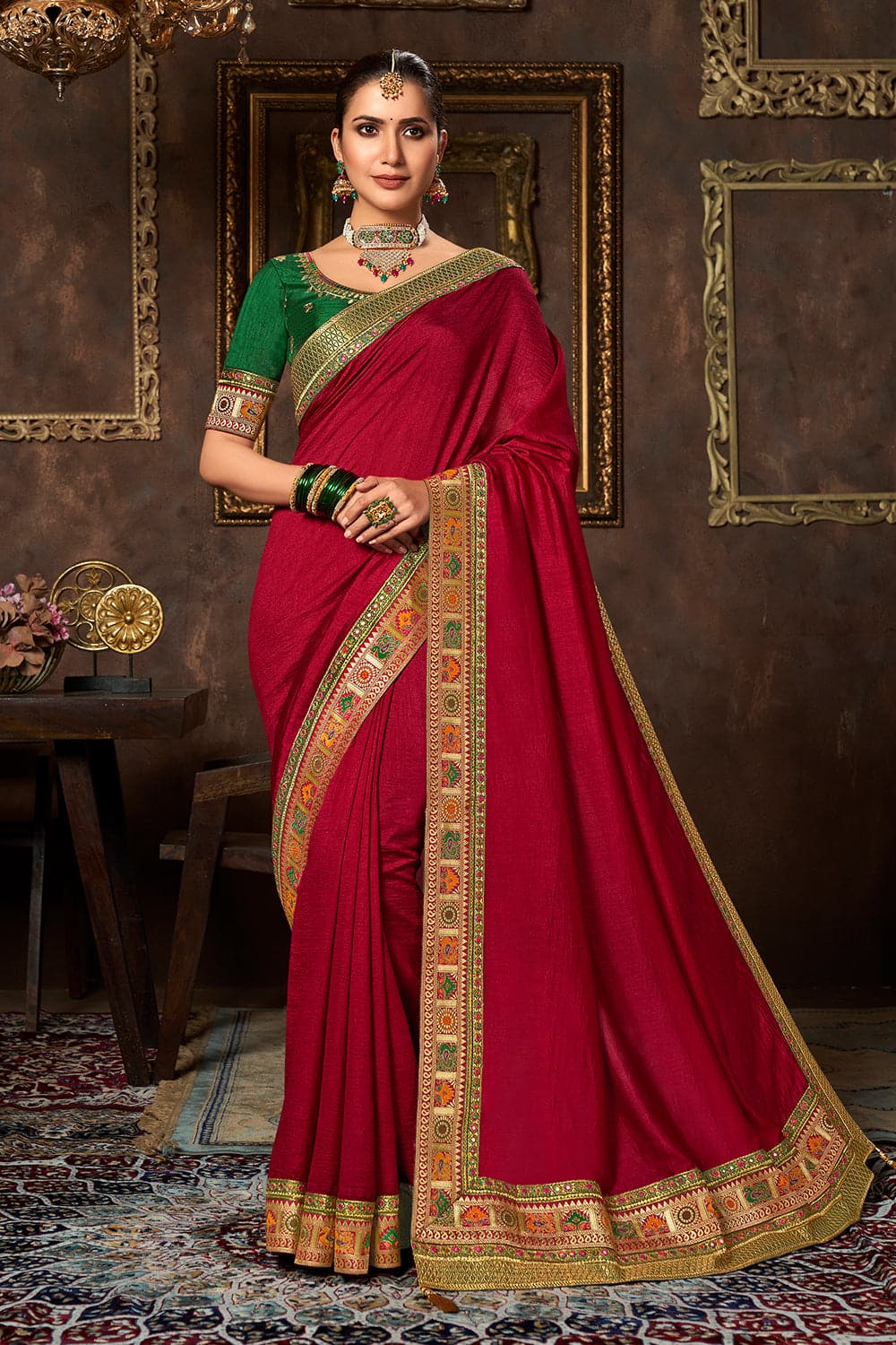 Crimson Red Organza Saree with Pita Work