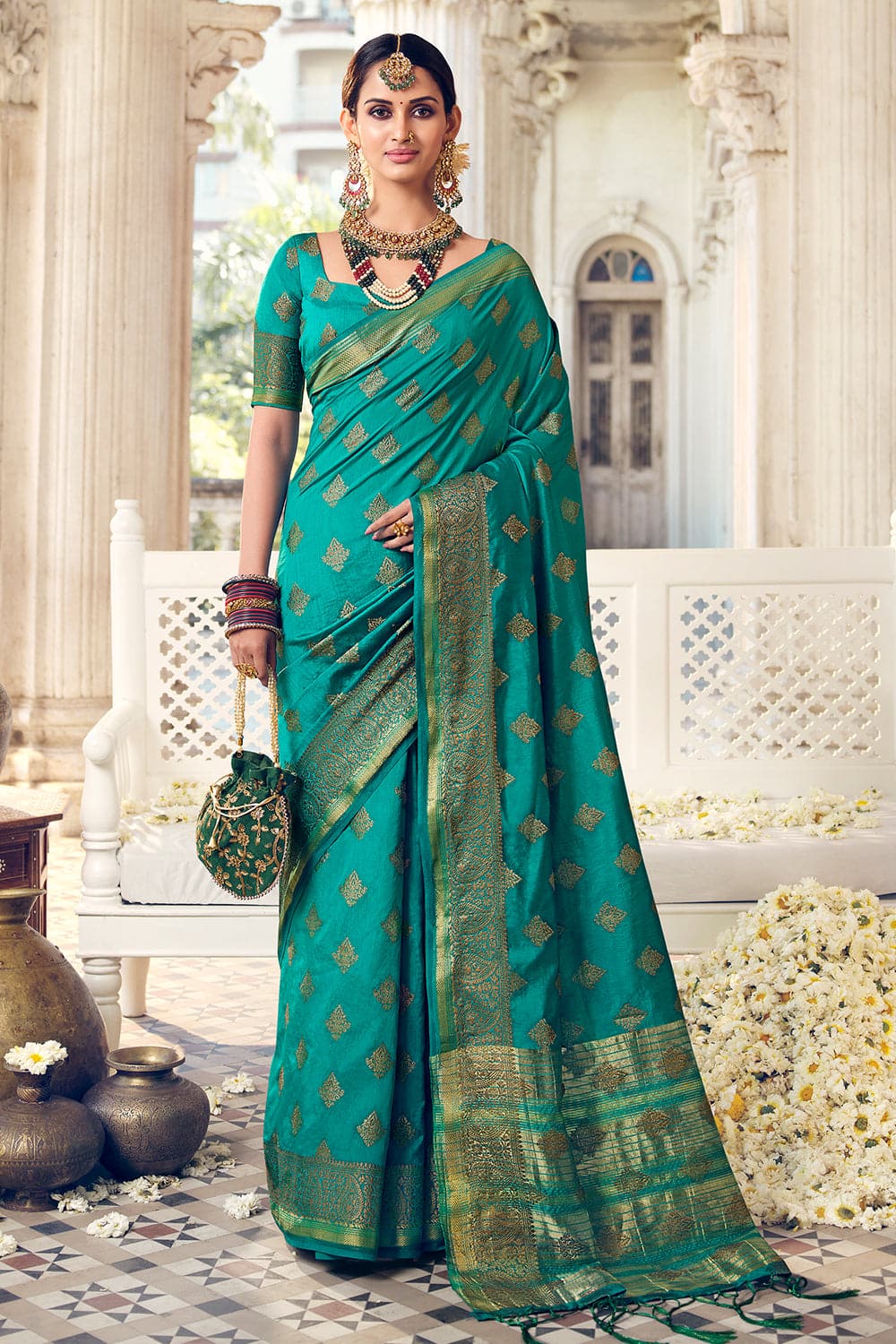 Cyan Color Festive Wear Silk Fabric Saree With Embroidered Designer Bl