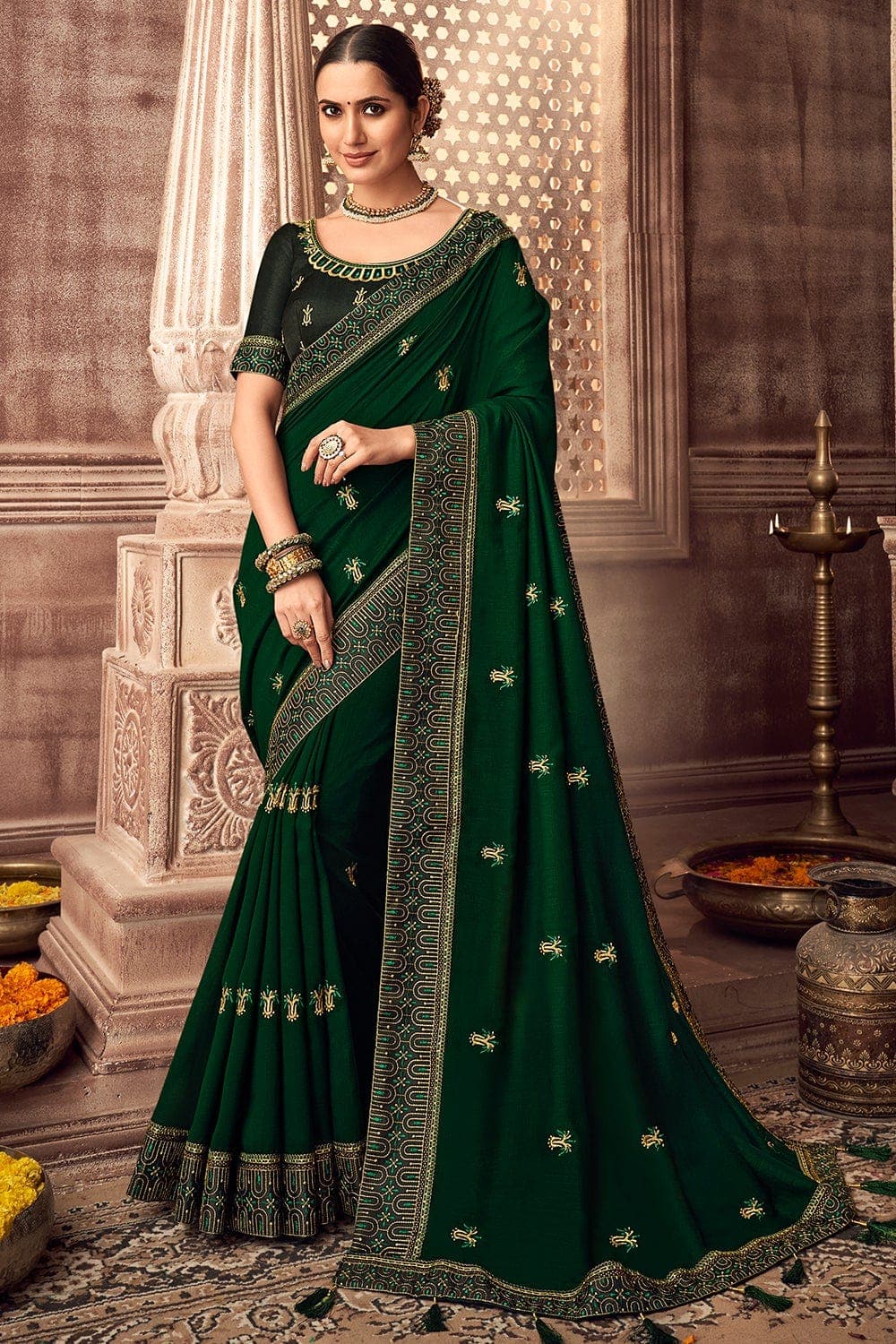 Tussar Silk Fabric Beautiful Dark Green Color Saree With Border Work