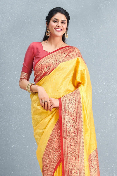 Butter Yellow Banarasi Silk Saree with Silver Zari Weaves | Mirra clothing