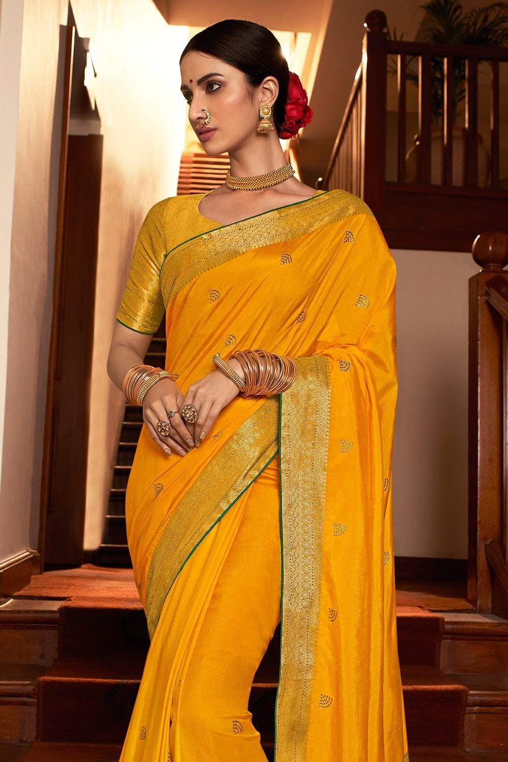 Mustard Color Mukesh Work Georgette Saree With Readymade Blouse