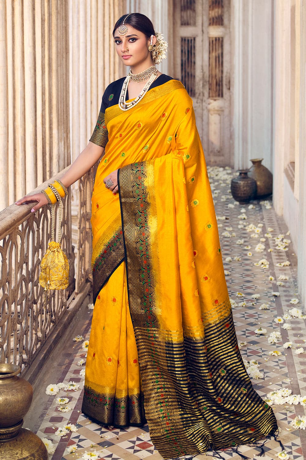 Karagiri International - When we think about silk sarees, south silk sarees  top the list. The soft fabric and the golden zari border just make these  sarees look gorgeous. This Honey Yellow