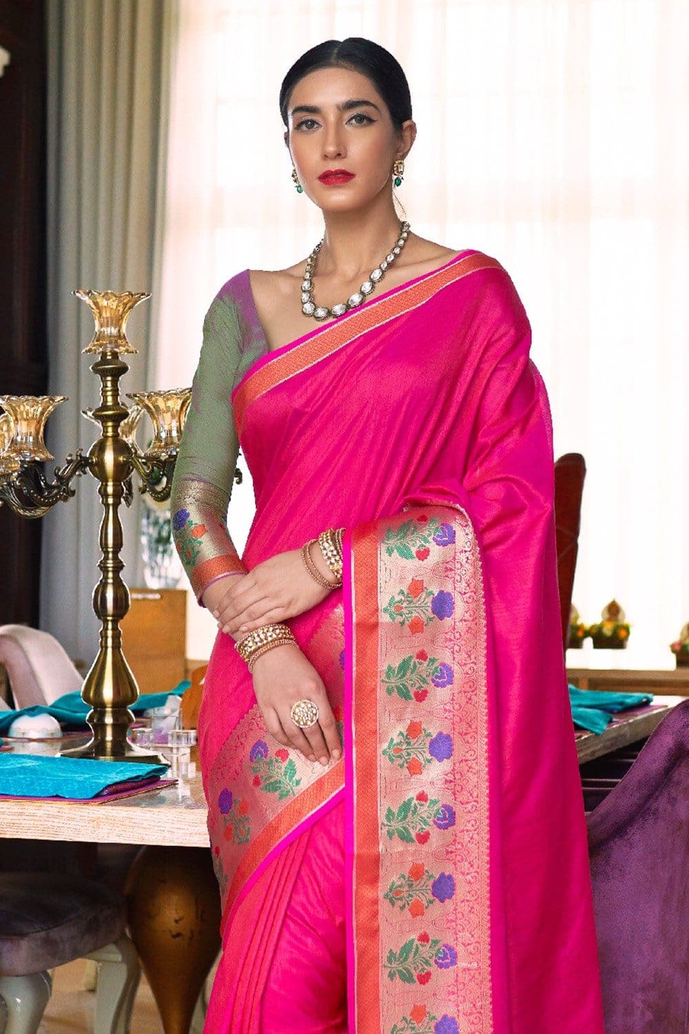 Hot Pink Zari Woven South Silk Saree