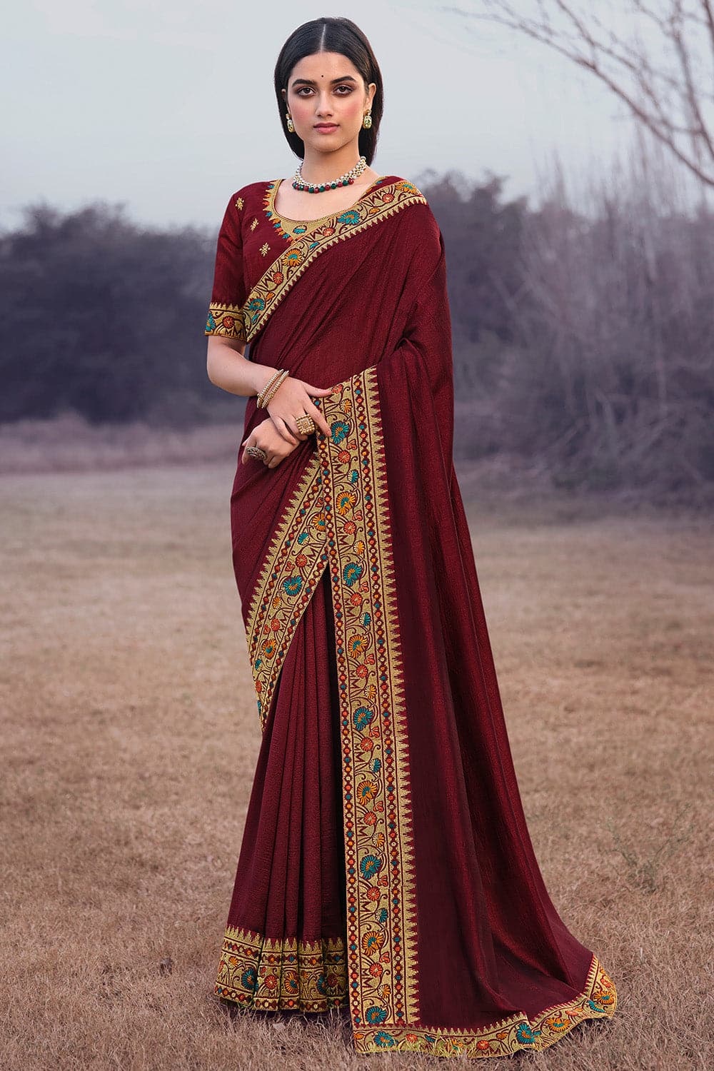 Stunning Maroon Saree Made Of Cotton Silk – ShopBollyWear.Com