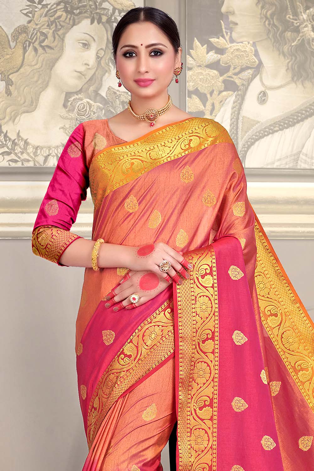 Orange And Pink South Silk Saree