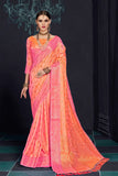 Peach pink south silk saree with monochrome blouse - Buy online on Karagiri - Free shipping to USA