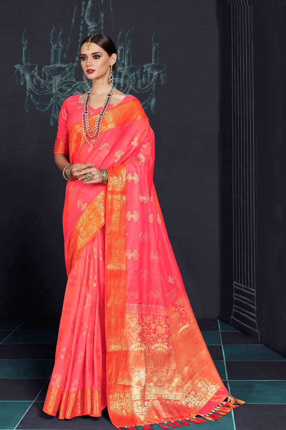 South Silk Saree Peachish Orange South Silk Saree With Monochrome Blouse saree online