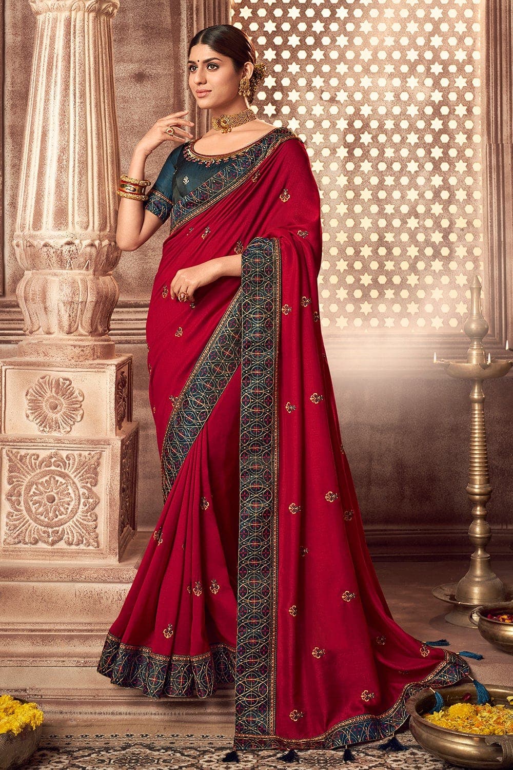 South Silk Saree Rose Red South Silk Saree saree online