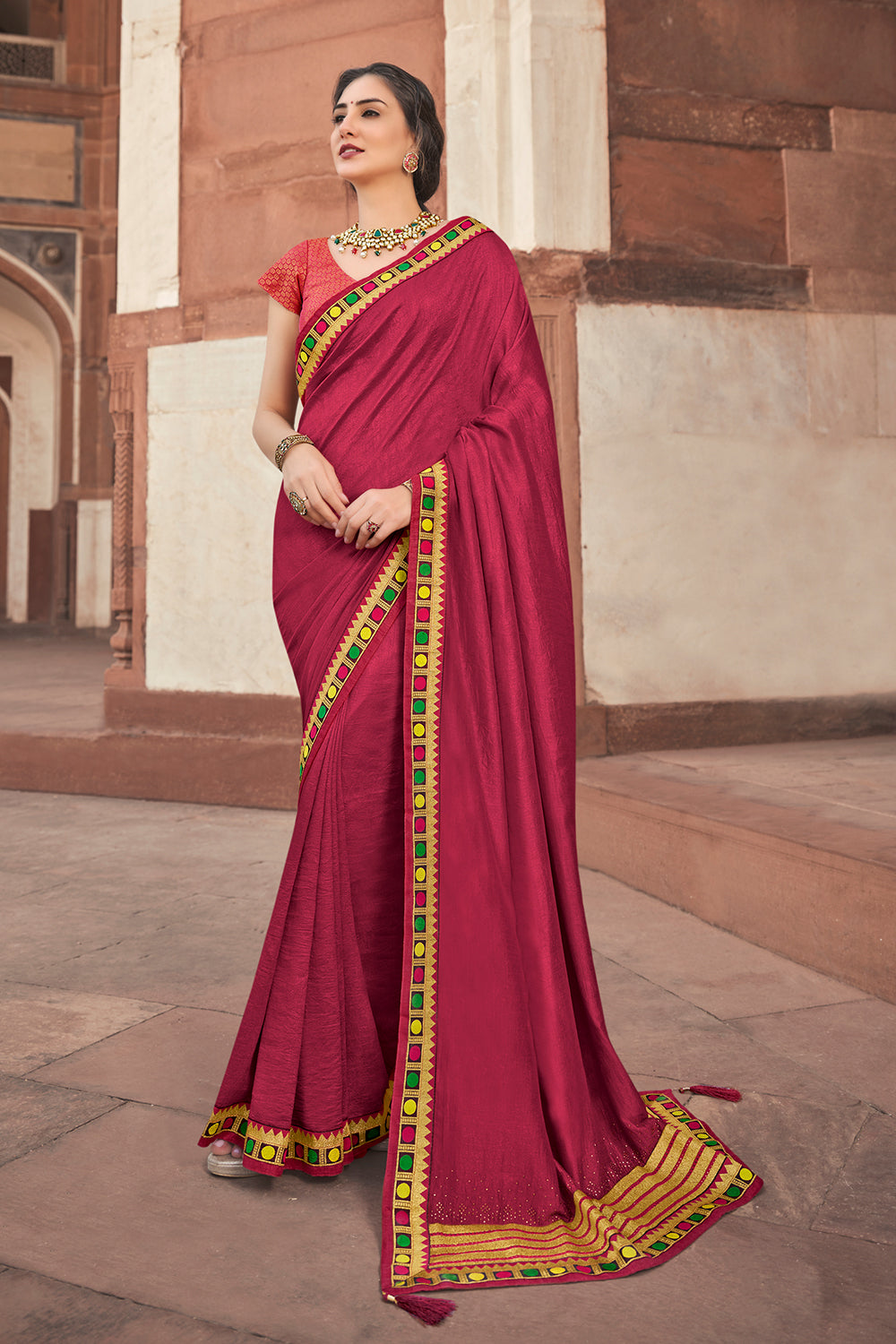 Maroon Plain Viscose Uppada Silk Saree With Sequins Lace Border – Fabcurate