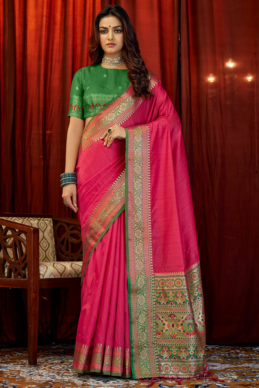Ruby Pink Zari Woven Organza Silk Saree - Clothsvilla