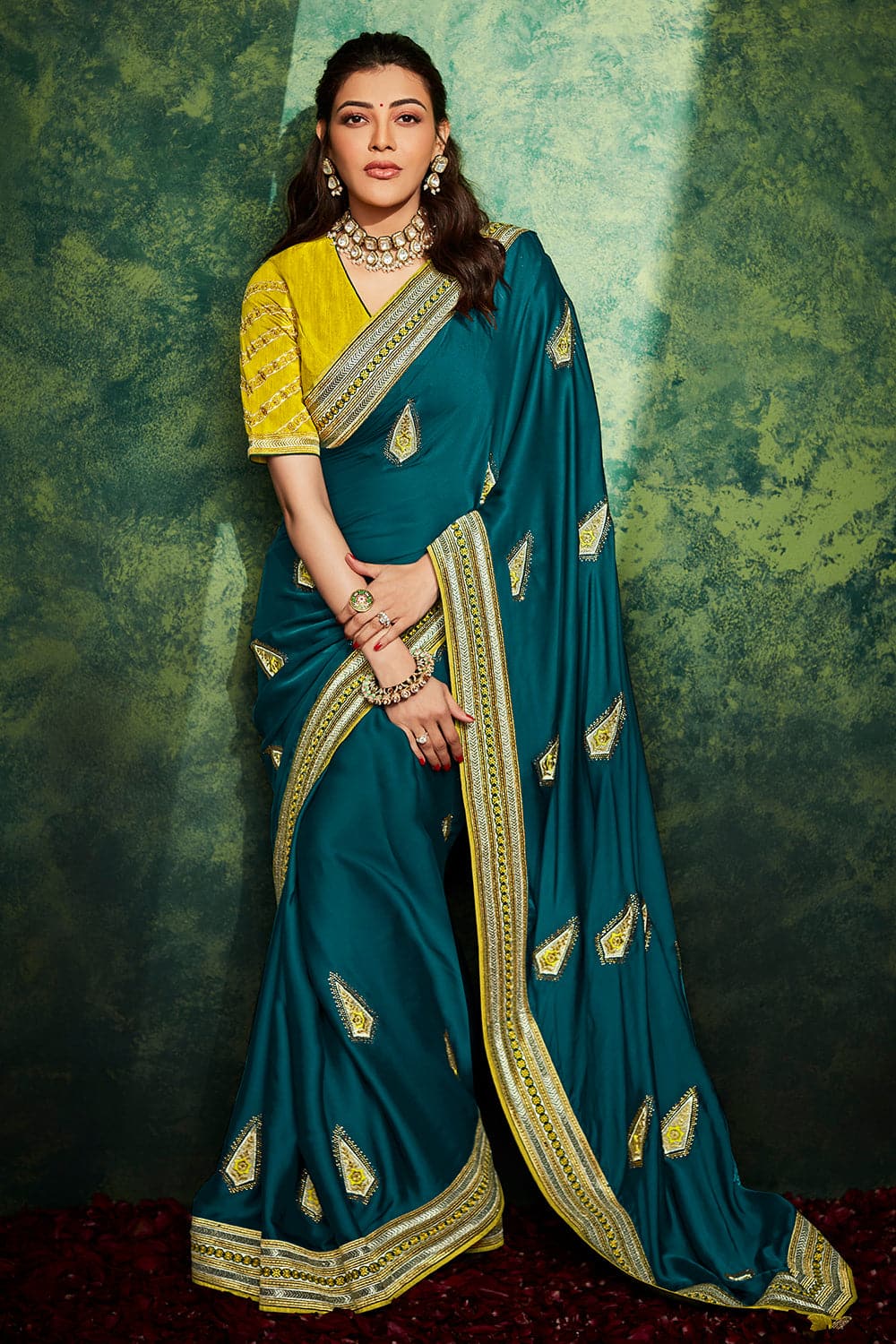 Borderless peacock blue plain kamala silk saree, contrast digital printed  blouse with intricate design