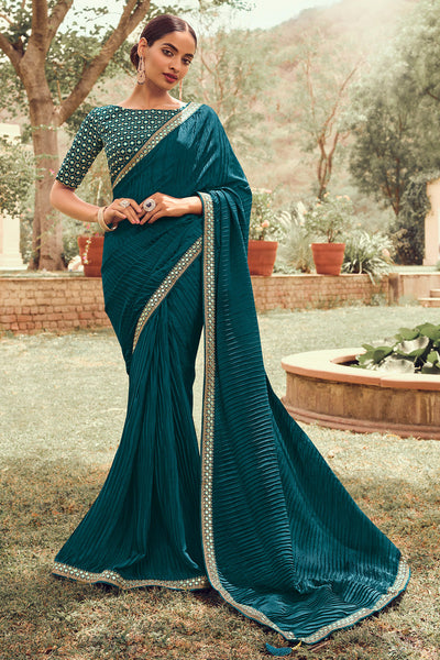 Online Teal Blue Silk Woven Zari Saree SARV147556