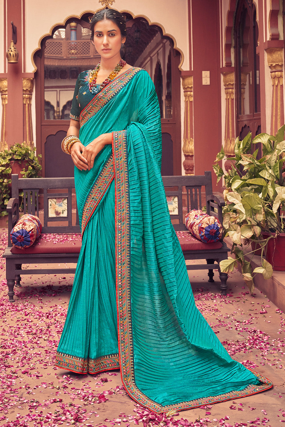 Turquoise silk saree with blouse 1425