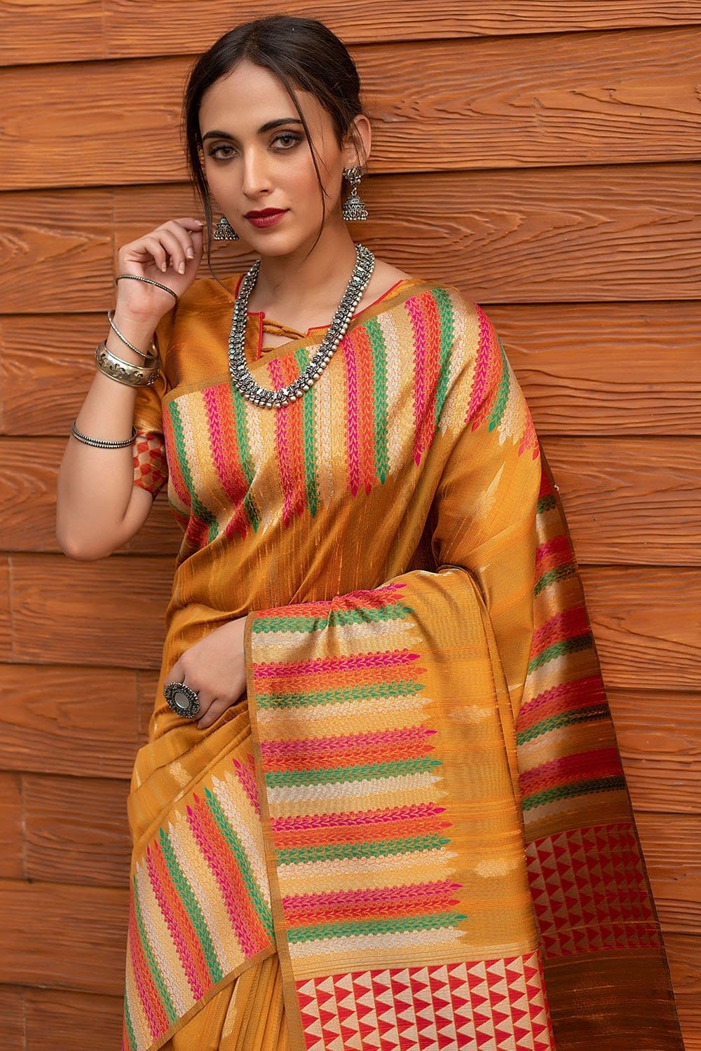 Mustard Yellow Tussar Silk Saree - Zameeni